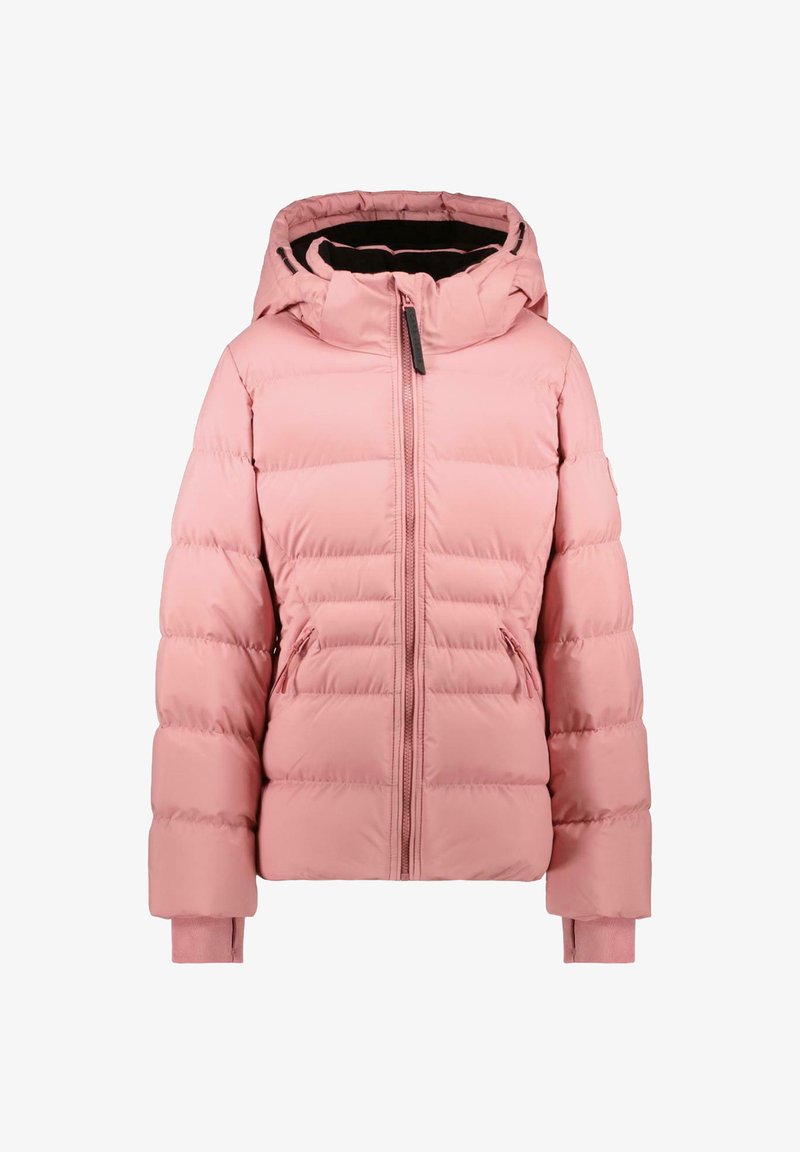 Roze gewatteerde jas met een capuchon, voorzien van een ritssluiting aan de voorkant, twee zijzakken, elastische manchetten en een doorgestikt ontwerp voor isolatie.