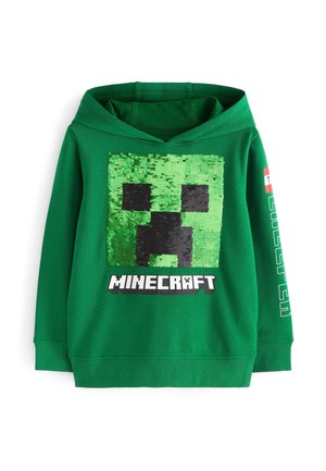Grüner Kapuzenpullover mit einem glitzernden Minecraft Creeper-Gesicht und dem Schriftzug "MINECRAFT" auf der Vorderseite sowie einem Logo auf dem Ärmel.