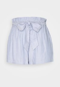 Blaue und weiße gestreifte Shorts aus leichtem Material, mit einem gerafften elastischen Taillenbund und einem Bindegürteldetails an der Vorderseite.