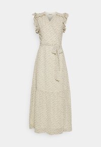 Kukallinen maksimekko, jossa on V-aukko, röyhelöhihat ja solmittava vyötärö. Valmistettu kevyestä kankaasta, jossa on kerma-pohja ja monivärisiä kukkia.