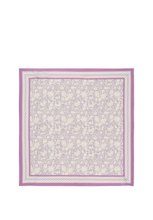 Quadratisches Tuch mit hellviolettem Blumenmuster, umrahmt von weißen und violetten geometrischen Linien auf weißem Hintergrund.