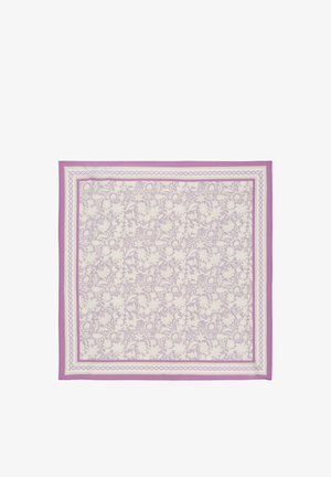 Quadratisches Tuch mit hellviolettem Blumenmuster, umrahmt von weißen und violetten geometrischen Linien auf weißem Hintergrund.