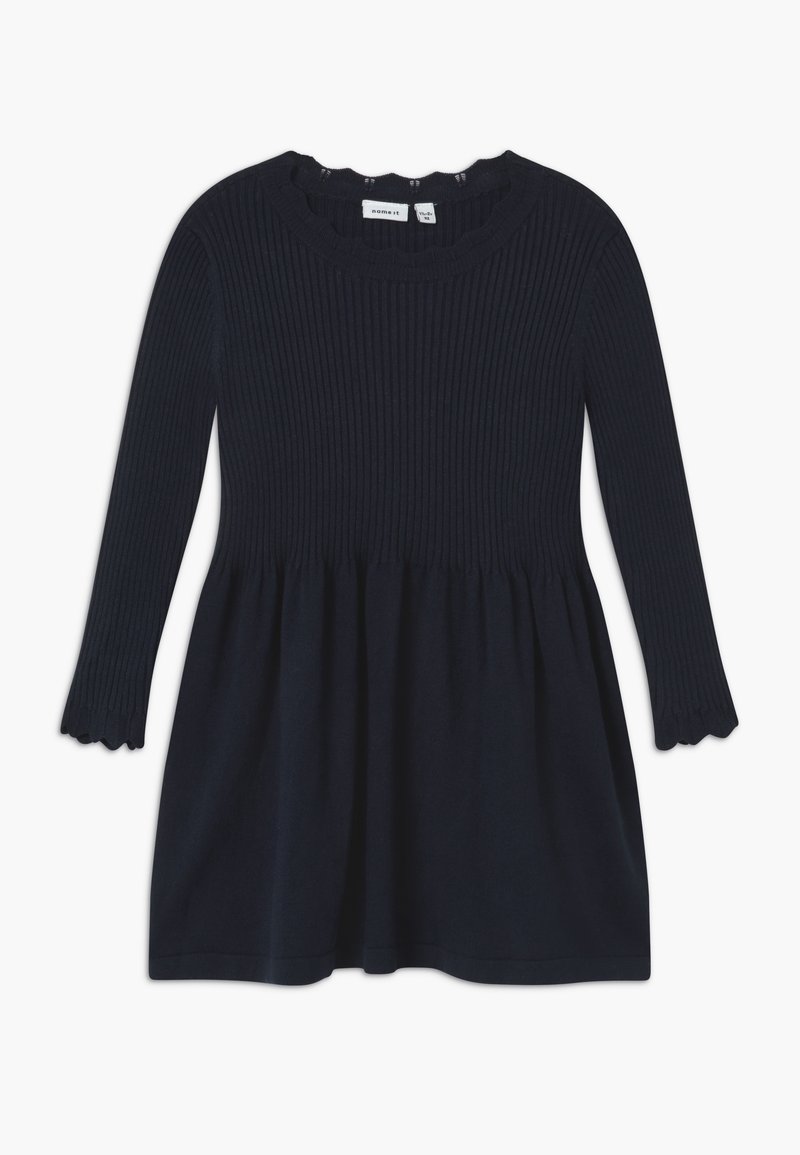 Robe en maille bleu marine à manches longues avec haut côtelé, encolure ronde festonnée et poignets, et jupe évasée.