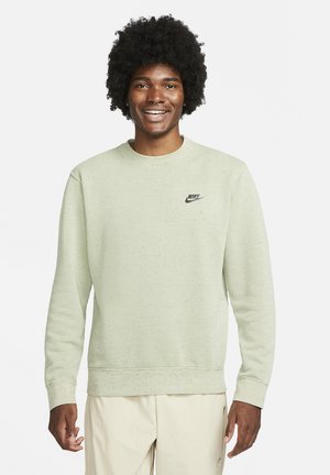 Sweat-shirt vert clair en mélange de coton, avec un col rond, des manches longues et un petit logo Nike noir sur la poitrine. Des éclats texturés sont présents.