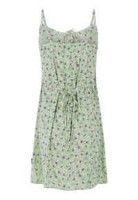 Bloem jurk met verstelbare spaghetti bandjes, voorzien van een groene achtergrond en een zwart bloemenpatroon. Strikjes in de taille voor een verstelbare pasvorm.