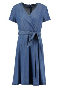 Denim wrap dress with short sleeves, v-neckline, and a tied waist. The fabric is lightweight, featuring a soft texture in a solid blue color.