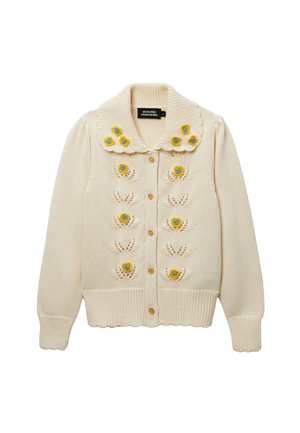 Cardigan tricoté crème avec des fleurs brodées jaunes et bleues, boutons en bois, col festonné et manches longues.