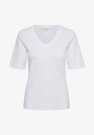 Valge lühikeste varrukatega T-särk V-kaelusega, valmistatud pehmest kangast, klassikalise lõike ja minimalistliku disainiga. Ilma mustrite ja aksessuaarideta.