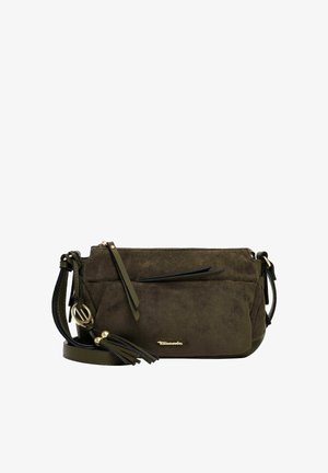 Lille mørkegrøn ruskind crossbody taske med front lynlåslomme, kvast detalje, justerbar rem og guldt logo plade foran i midten.