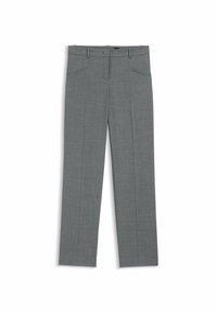 Graue Hose aus strukturiertem Stoff mit geradem Bein, ausgestattet mit zwei Vorderentaschen und einem Reißverschluss. Keine sichtbaren Muster oder Beschläge.