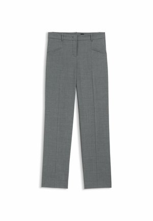 Graue Hose aus strukturiertem Stoff mit geradem Bein, ausgestattet mit zwei Vorderentaschen und einem Reißverschluss. Keine sichtbaren Muster oder Beschläge.