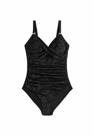 Costume da bagno intero nero con motivo floreale texture, dettagli arricciati e spalline regolabili con inserti in metallo dorato.