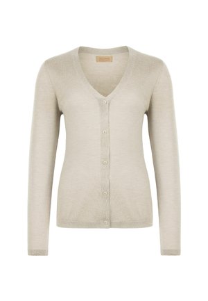 Lichtbeige cardigan gemaakt van zachte stof. Beschikt over een V-hals, lange mouwen en vijf knopen aan de voorkant. Gladde textuur, eenvoudig ontwerp.