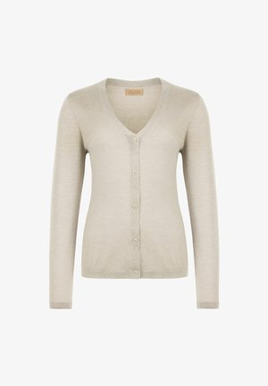 Lys beige cardigan lavet af blødt stof. Har V-hals, lange ærmer og fem knapper fortil. Glat tekstur, enkel design.