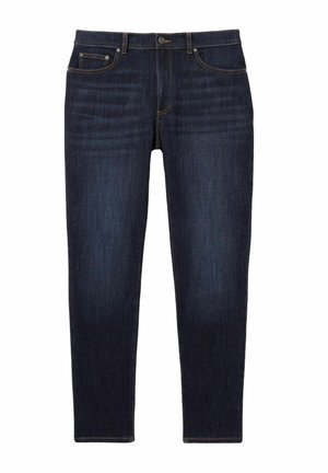 Tmavě modré džíny slim fit s pěti kapsami a oranžovým prošíváním. Obsahují zip a zapínání na knoflík. Hladká textura.