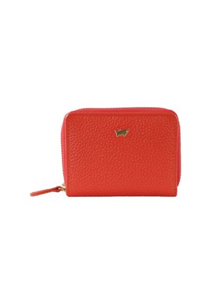 Portafoglio in pelle rossa con texture, chiusura a zip e accessori in oro. Presenta un piccolo logo impresso sul fronte e una forma rettangolare snella.