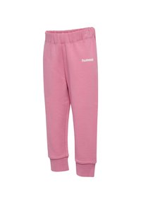 Roze joggingbroek van zacht materiaal, met een elastische tailleband en geribbelde enkelboorden. Witte logo op de voorkant.