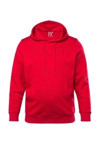 Felpa rossa con cappuccio e tasca a marsupio, caratterizzata da un testo "ROUGE" in rilievo sulla parte anteriore. Realizzata in morbido cotone, con cappuccio regolabile tramite cordoncino.