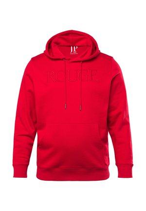 Sudadera roja con bolsillo canguro, que presenta un texto en relieve "ROUGE" en la parte delantera. Fabricada en suave material de algodón, con capucha ajustable mediante cuerda.