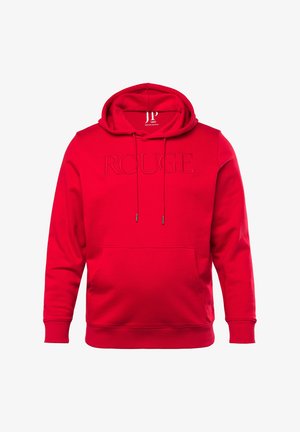 Red hoodie with a kangaroo pocket, featuring an embossed “ROUGE” text on the front. Made from soft cotton material, with drawstring hood.