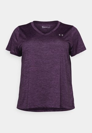 T-shirt de sport violet uni à manches courtes et col en V avec un petit logo Under Armour sur la partie supérieure gauche de la poitrine.