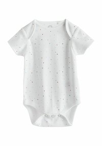 Hvid kortærmet babysuit med flerfarvede prikker. Har en rund halsudskæring og trykknaplukning i bunden for nem omklædning. Blødt bomuldsmateriale.