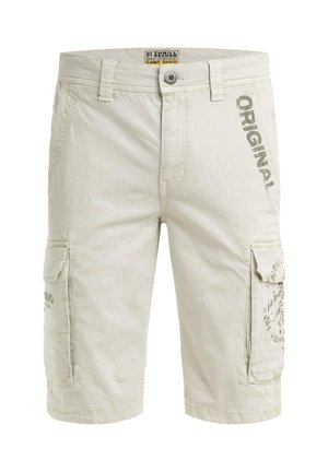 Light beige cargo shorts with front button, belt loops, side pockets, and "ORIGINAL" text graphic on right thigh.