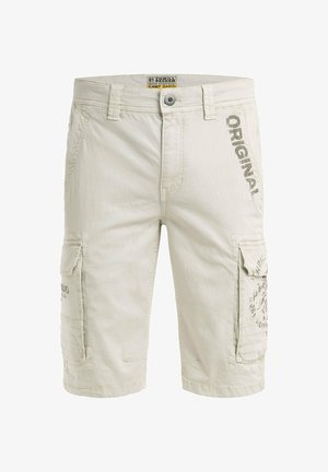 Light beige cargo shorts with front button, belt loops, side pockets, and "ORIGINAL" text graphic on right thigh.
