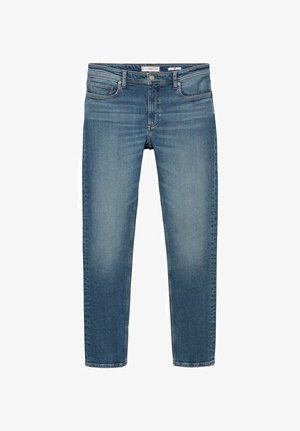 Světle modré džíny s rovnými nohavicemi, pěti kapsami a vybledlým vzhledem. Obsahují zip a poutka na opasek.