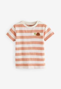 Stribet kortærmet t-shirt i koralfarvet og hvid, med en skildpadde broderet på brystet, lavet af blødt bomuldsstof.