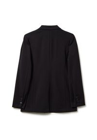 Blazer nero con un design sartoriale, revers a scannello e maniche lunghe con polsini abbottonati. Tessuto liscio con un aspetto pulito e minimale.
