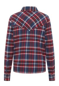 Red and blue plaid flannel shirt with a collar, long sleeves, and buttoned cuffs. Features a yoke design and a soft, textured fabric.