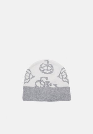 Bonnet tricoté blanc et gris avec bordure repliée et motifs floraux abstraits gris espacés uniformément sur la section supérieure blanche.
