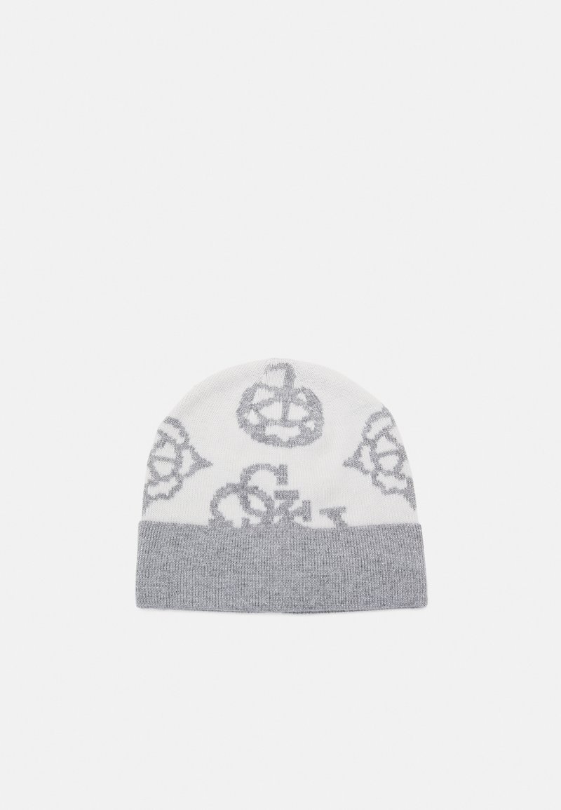Bonnet tricoté blanc et gris avec bordure repliée et motifs floraux abstraits gris espacés uniformément sur la section supérieure blanche.