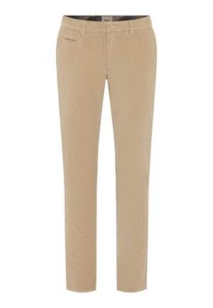 Pantaloni in corduroy beige con vestibilità dritta, presentano tasche frontali, chiusura con bottone e un tessuto testurizzato con righe verticali.