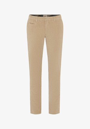 Pantaloni in corduroy beige con vestibilità dritta, presentano tasche frontali, chiusura con bottone e un tessuto testurizzato con righe verticali.