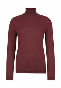 Burgunderfarbener Rollkragenpullover aus weichem Material, mit langen Ärmeln und figurnahem Schnitt, sowie einem gerippten Halsausschnitt und Bündchen.