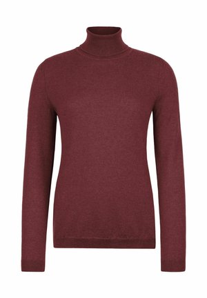 Burgundy polokrage tröja gjord av mjukt material, med långa ärmar och en åtsittande design, med en ribbad rundhals och ärmslut.