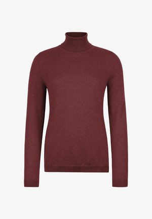 Pull en col roulé bordeaux en matière douce, avec des manches longues et une coupe ajustée, doté d'un col et de poignets côtelés.