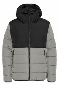 Padded jacket s čiernou hornou časťou a svetlo sivou dolnou časťou. Zips vpredu, kapucňa a bočné vrecká s hladkou textúrou.