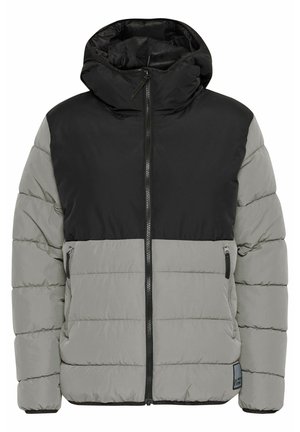 Padded jacket featuring a black upper section and a light gray lower section. Zipper front, hood, and side pockets with a smooth texture.