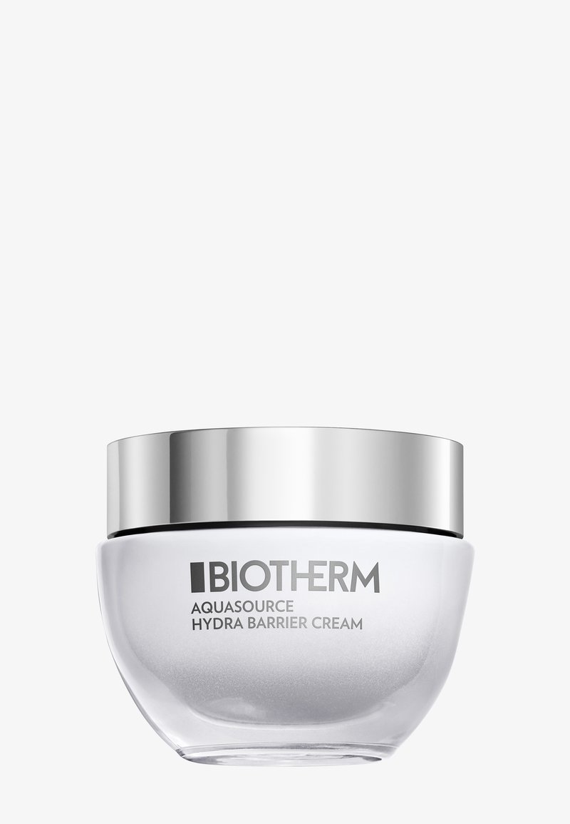 Crema barriera Biotherm Aquasource Hydra in un barattolo rotondo trasparente con coperchio argento riflettente, etichetta visibile sul davanti.