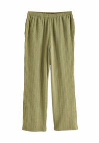 Pantalons à motif vert avec une taille élastique, présentant des rayures verticales et une coupe décontractée. Matériau doux avec une texture lisse.