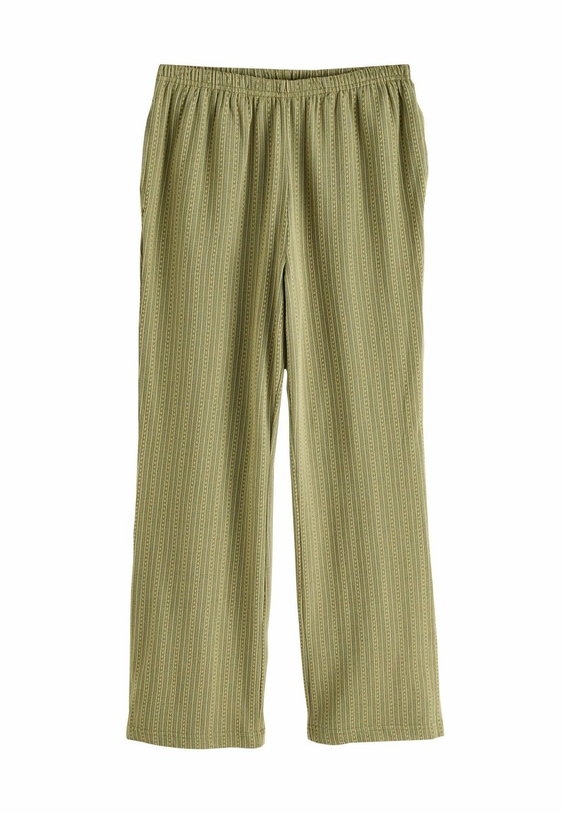 Pantalons à motif vert avec une taille élastique, présentant des rayures verticales et une coupe décontractée. Matériau doux avec une texture lisse.