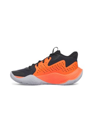 Black and orange athletic shoes with mesh upper, textured overlays, and grey rubber sole; features lace closure and ventilation holes.