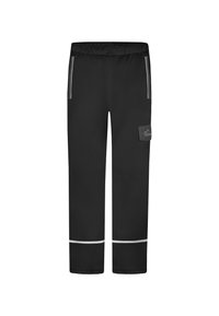 Schwarze wasserdichte Hose mit elastischem Bund, zwei Reißverschluss-Taschen, reflektierenden Streifen und einer Seitentasche mit Logo-Patch.