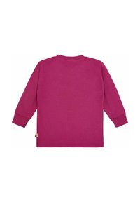 Camicia a maniche lunghe di un vivace fucsia, realizzata in stoffa morbida. Caratterizzata da un collo tondo, polsini a coste e una piccola etichetta multicolore all'orlo.