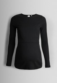 Tricou negru cu mânecă lungă, confecționat dintr-un material răsucit. Are un decolteu rotund și un design ajustat, cu o cusătură accentuată în jurul taliei.