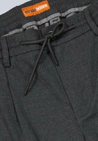 Dark gray sweatpants with an elastic waistband, featuring a black drawstring and a label in orange. Subtle texture and no visible patterns.