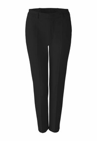 Black pants made from a smooth fabric, featuring a classic design with front pleats and a fitted waistband that has elastic detailing.